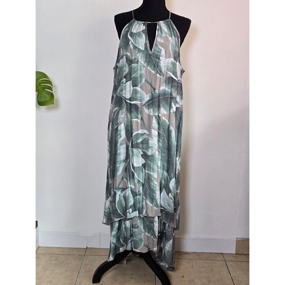 Mlle Gabrielle Tropical Leaf High-Low Maxi Dress resortwear vacation beachy